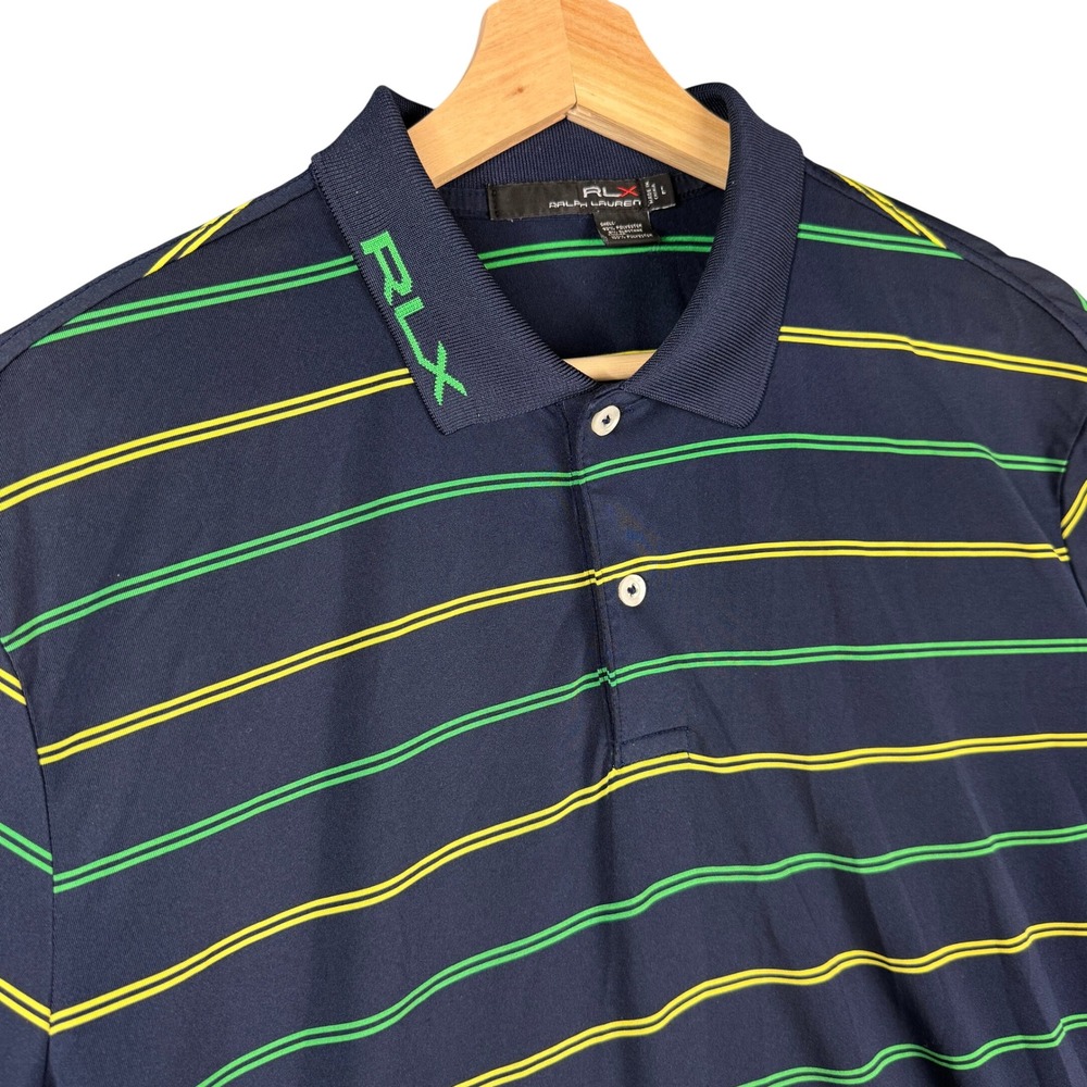 RLX Ralph Lauren Mens Large Navy Blue Striped Performance Golf Polo Shirt L